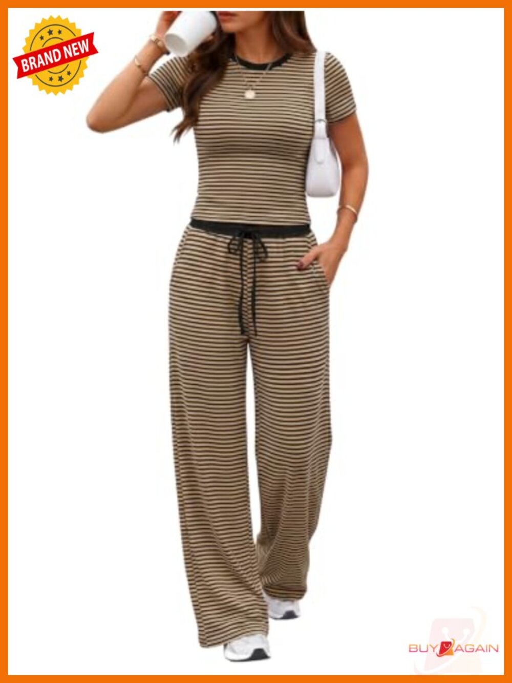 Cotton 2 Piece Lounge Set - Wide Leg Pants, Short Sleeve, Pockets